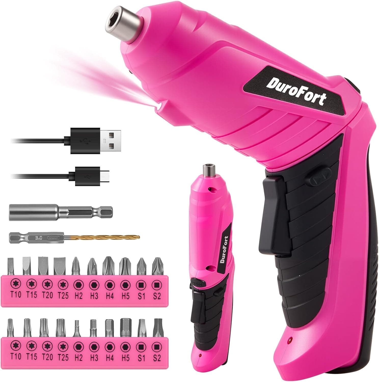 Pink Cordless Electric Screwdriver Set, 3.7V Rechargeable