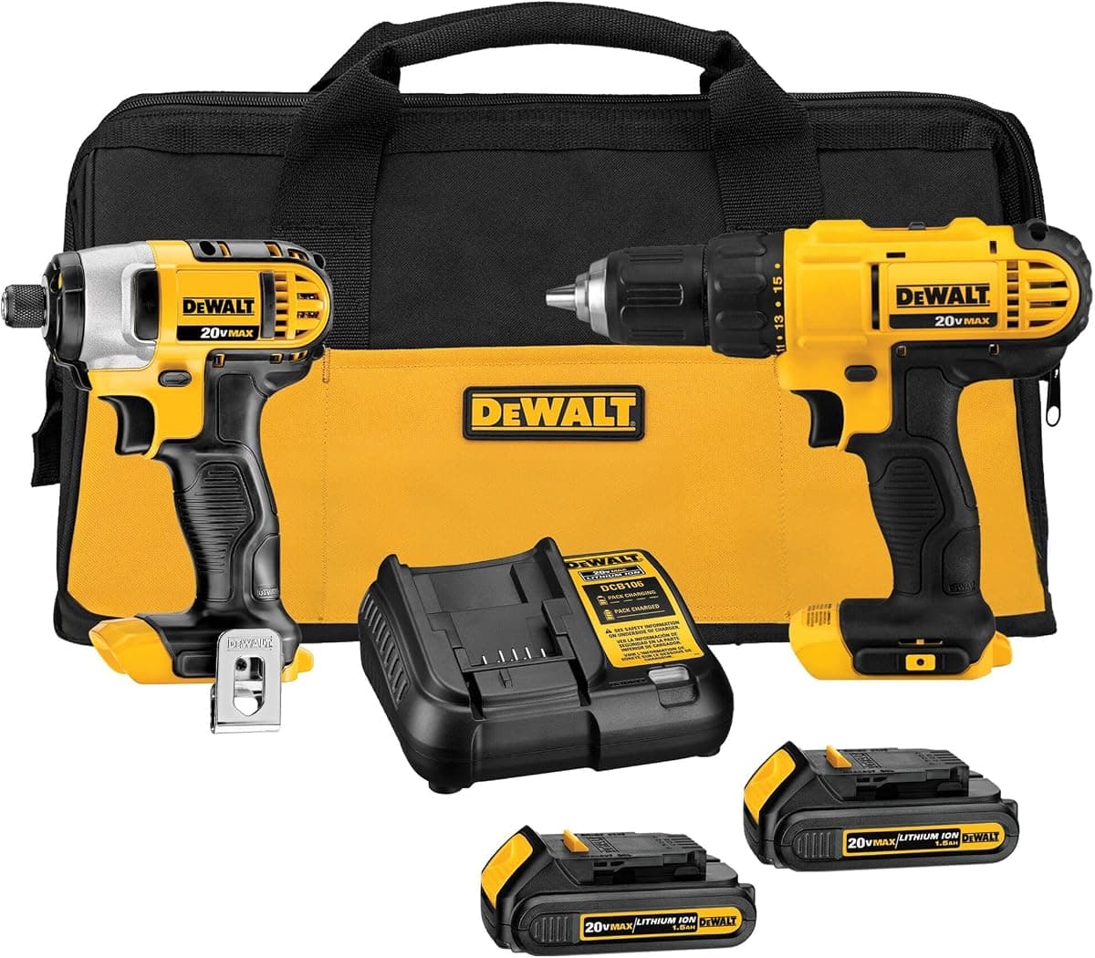 20V drill and impact driver kit with two batteries, a charger and a tool bag